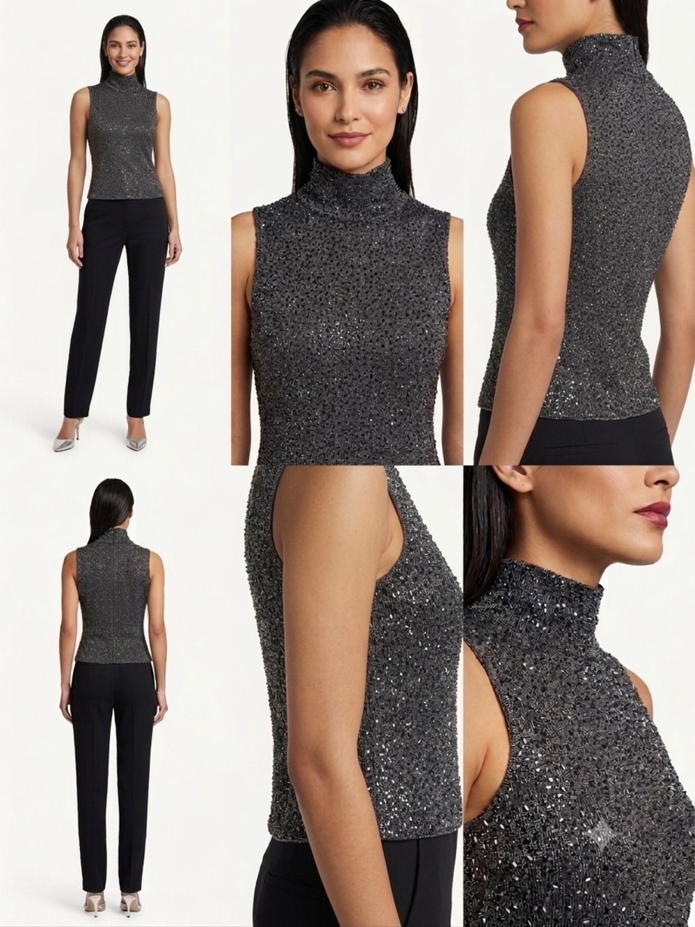 Vintage Donna Karan Bergdorf Goodman Beaded Wool Mock Neck Top Small Gunmetal